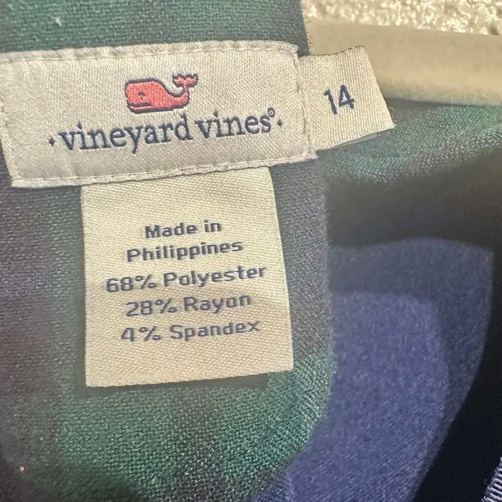 Vineyard Vines Girls Size 14 Dress Ruffle Short Sleeve Tartan Plaid Green Blue
